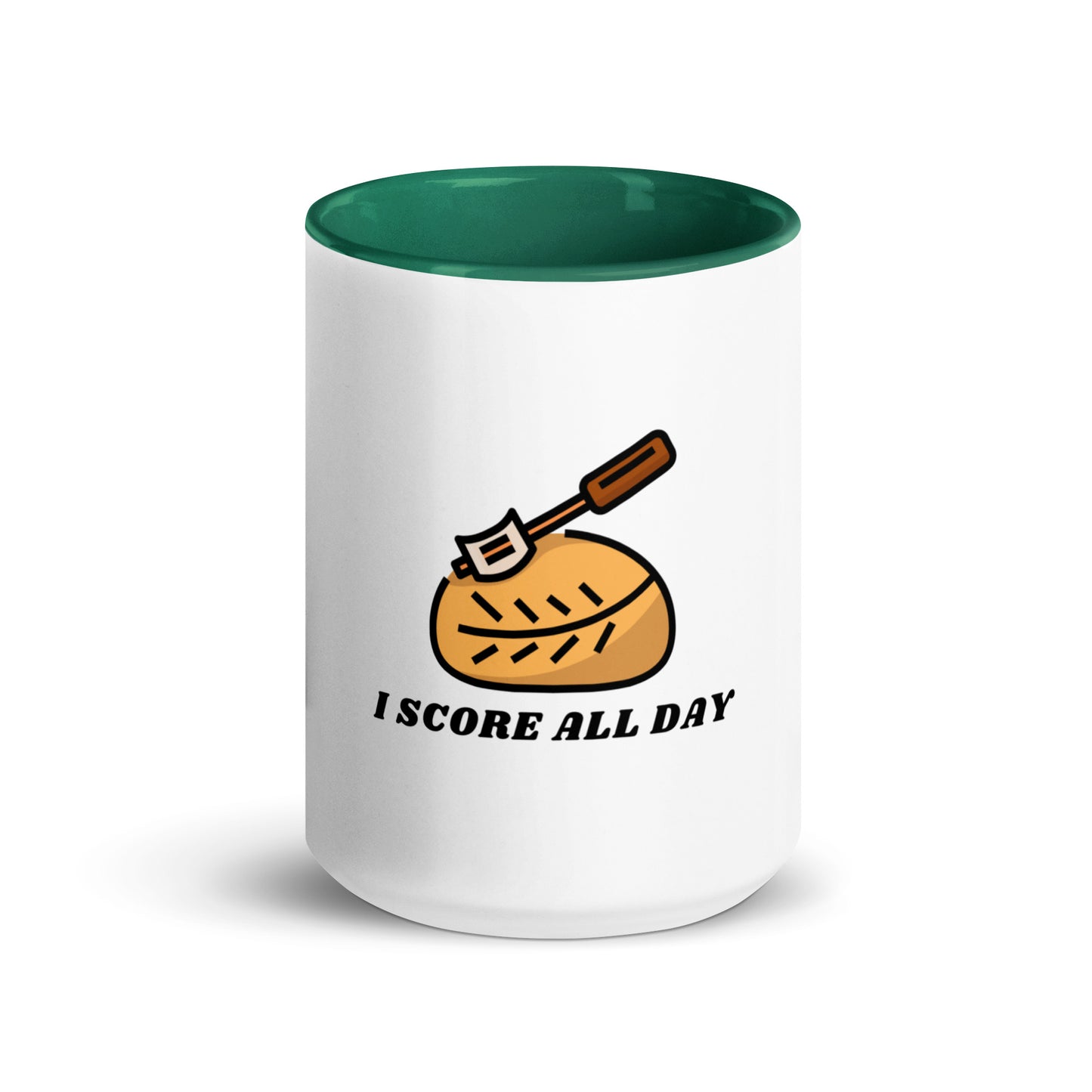 I Score All Day loaf and lame design on a white ceramic mug with dark green interior and handle, 15 oz, a gift for sourdough bakers