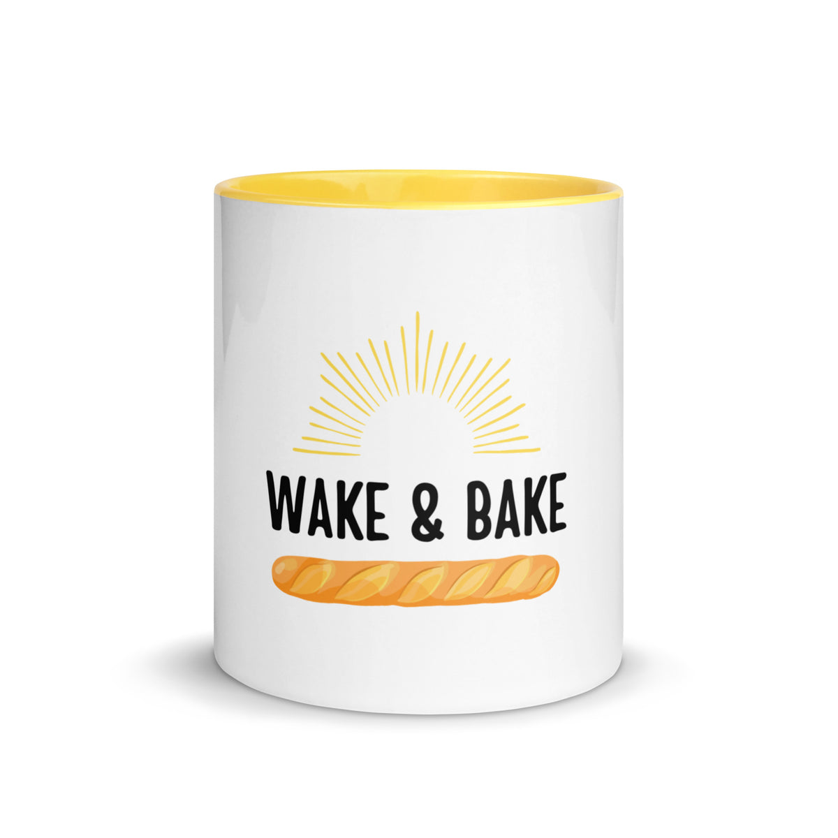 Wake & Bake sunrise and loaf design in color on a white ceramic mug with yellow interior and handle, 11 oz, a gift for bakers