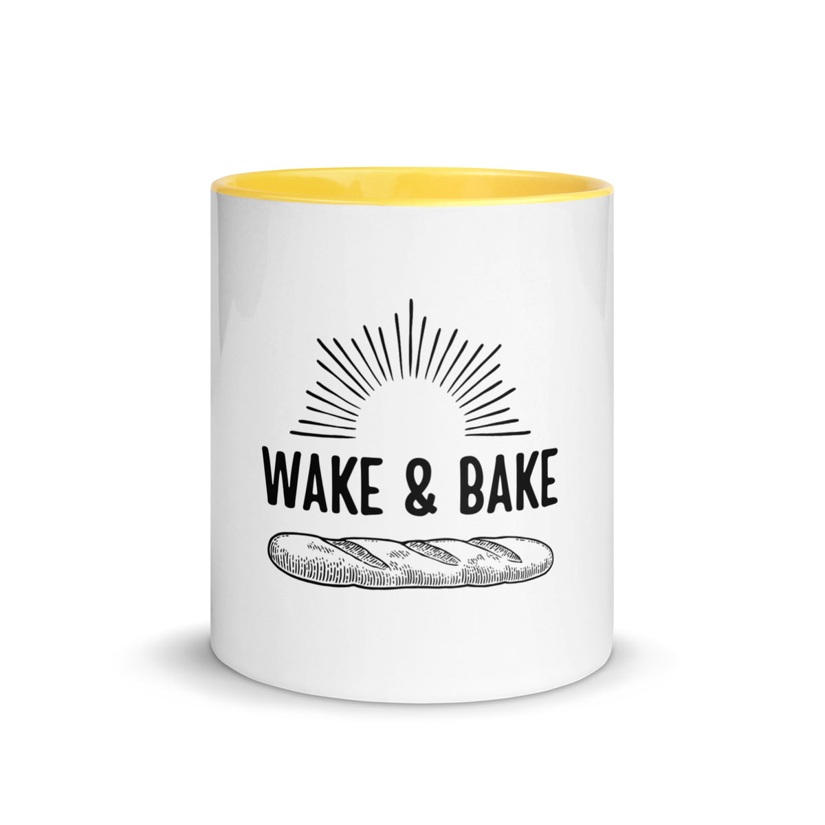 Wake & Bake sunrise and loaf design in black and white on a white ceramic mug with yellow interior and handle, 11 oz, a gift for bakers