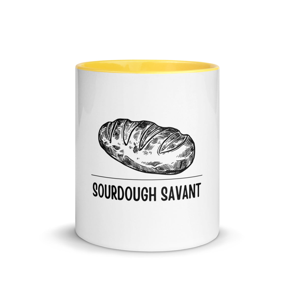 Sourdough Savant rustic loaf design on a white ceramic mug with yellow interior and handle, 11 oz, a gift for sourdough bakers