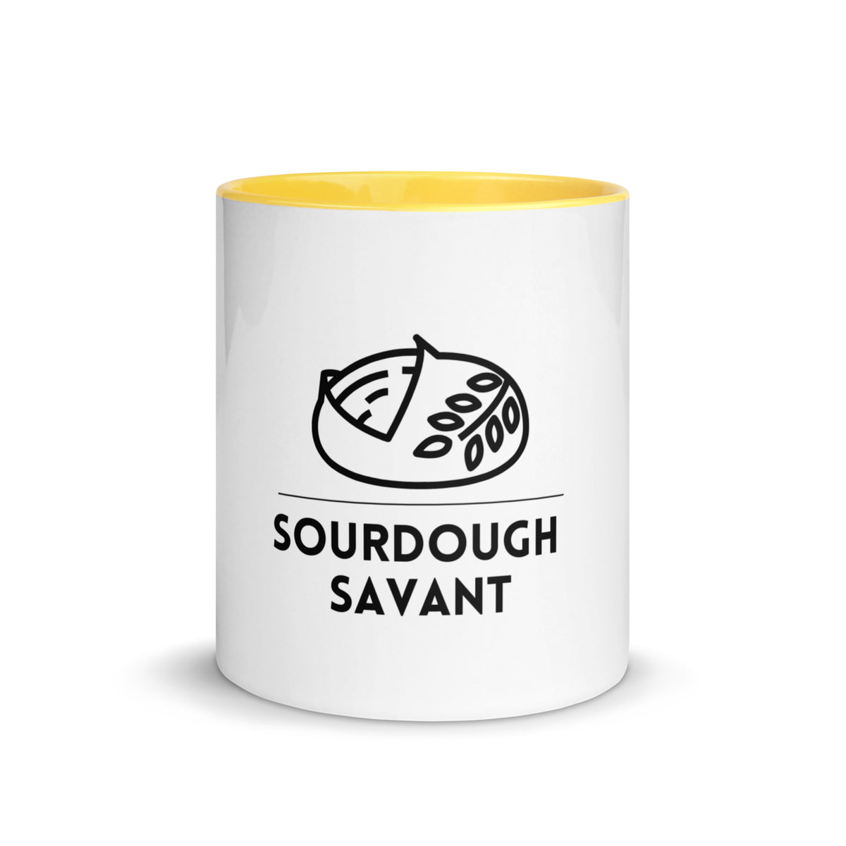 Sourdough Savant scored loaf design on a white ceramic mug with yellow interior and handle, 11 oz, a gift for sourdough bakers
