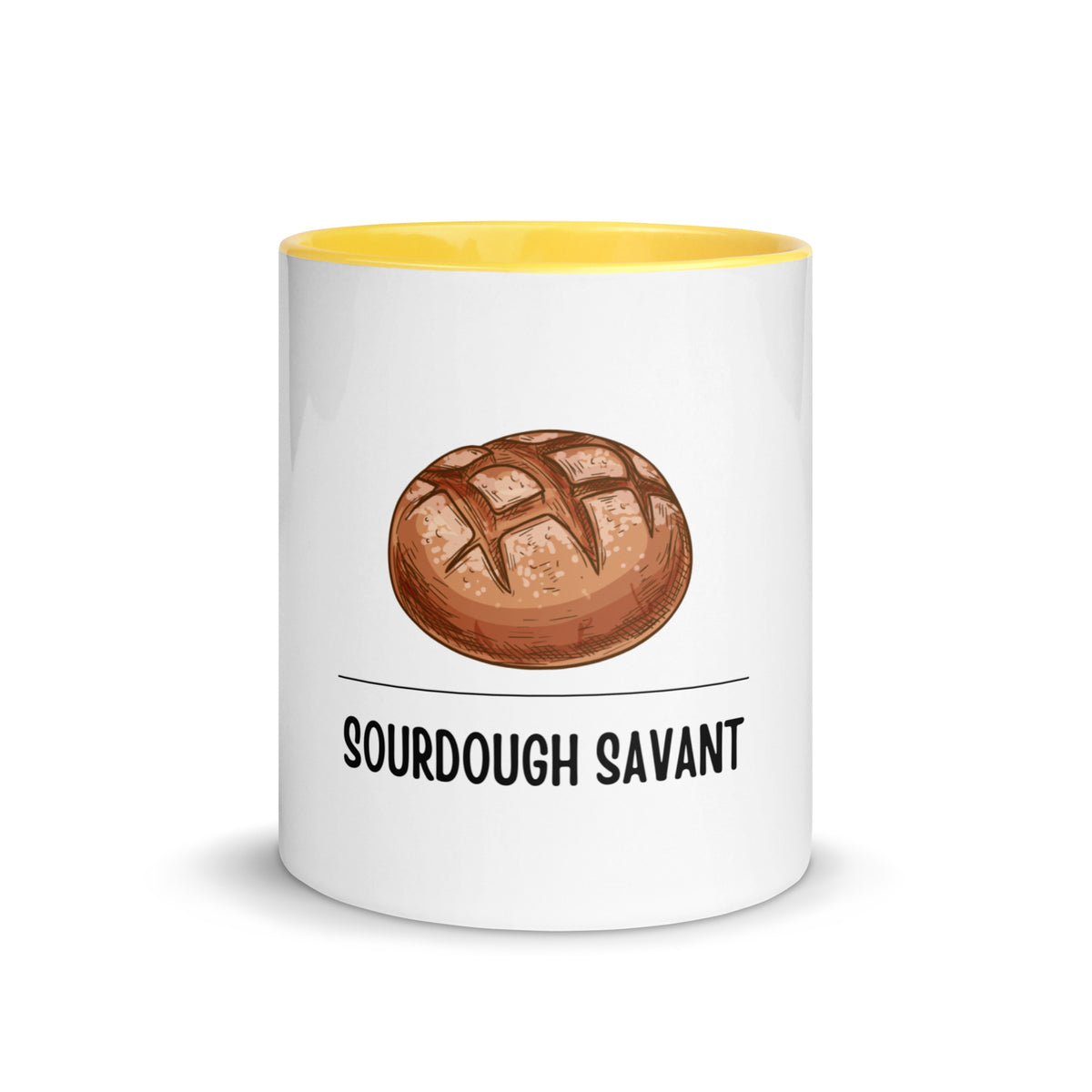 Sourdough Savant brown loaf design on a white ceramic mug with yellow interior and handle, 11 oz, a gift for sourdough bakers