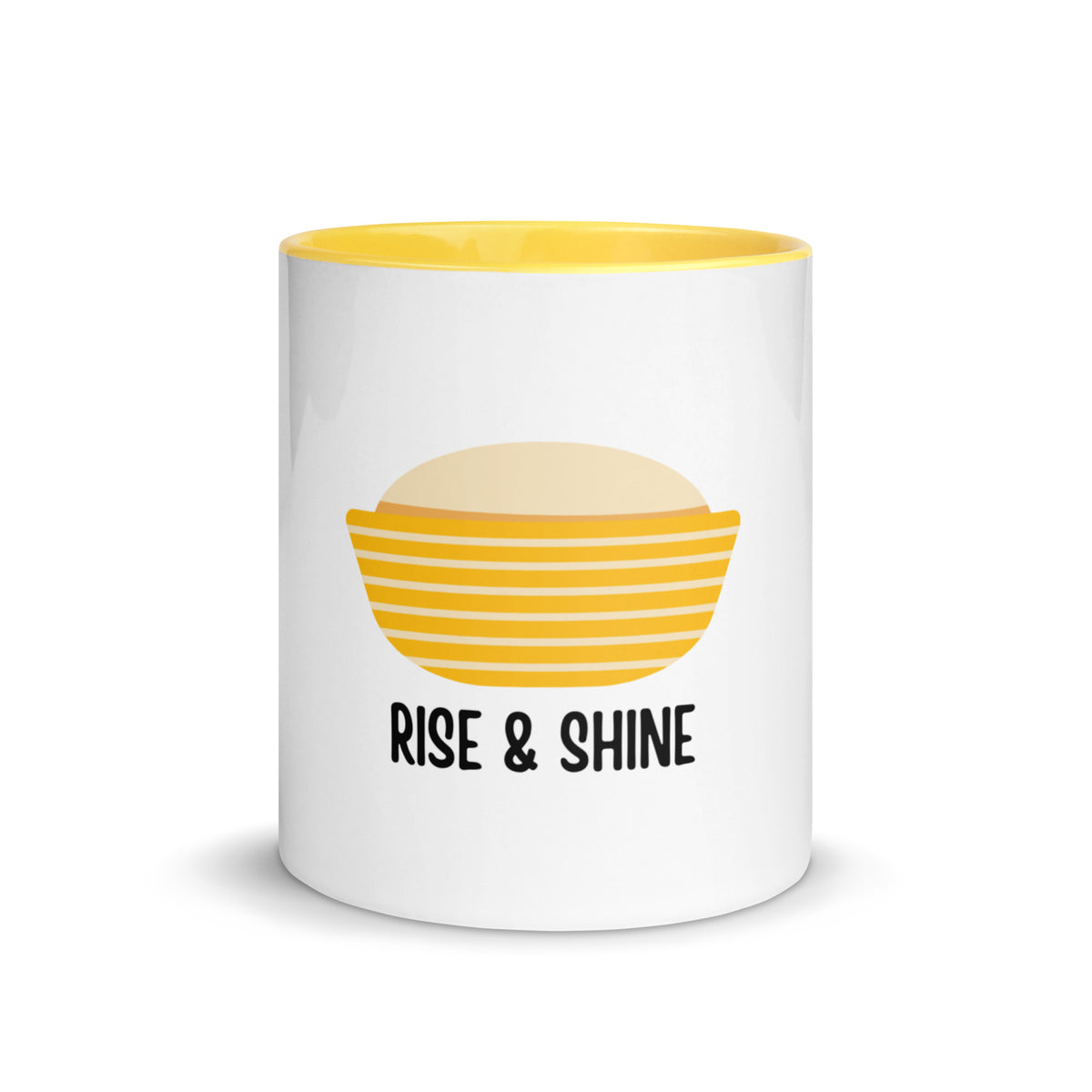 Rise & Shine design on a white ceramic mug with yellow interior and handle, 11 oz, a gift for bakers