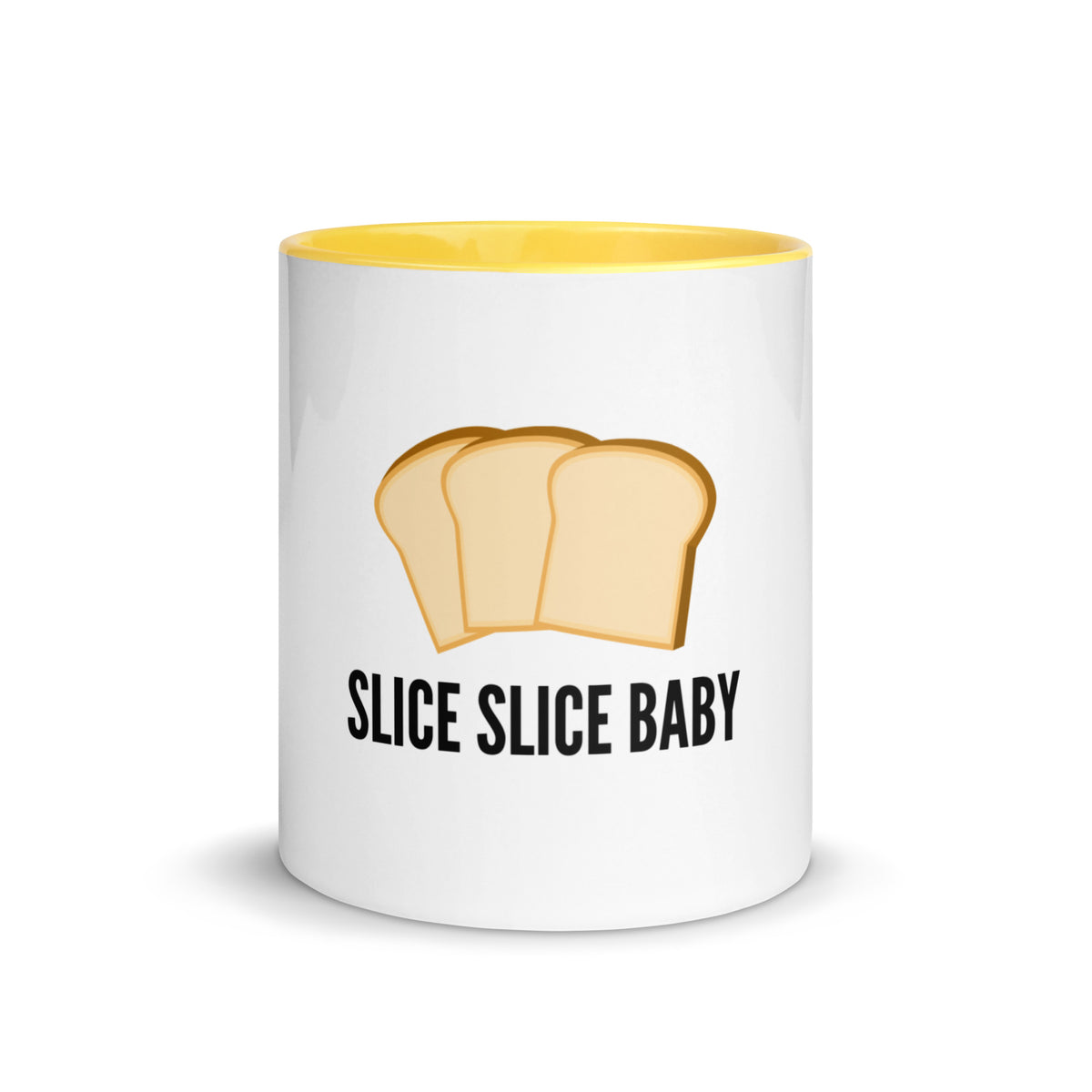 Slice Slice Baby bread slices design on a white ceramic mug with yellow interior and handle, 11 oz, a gift for bread bakers