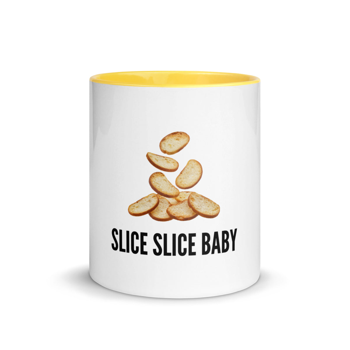Slice Slice Baby baguette design on a white ceramic mug with yellow interior and handle, 11 oz, a gift for bread bakers