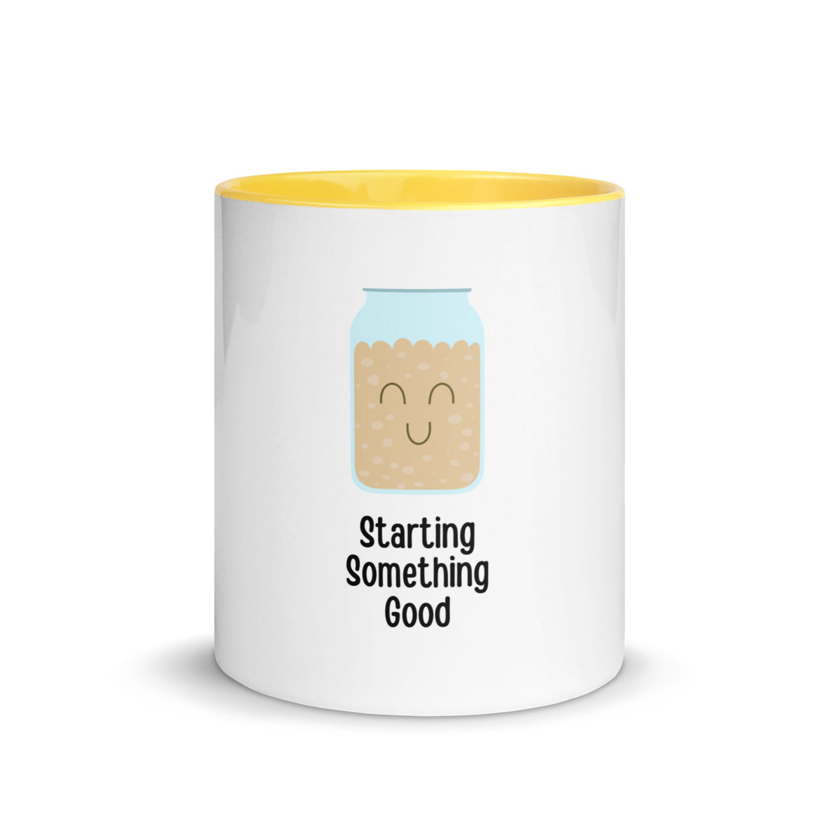 Starting Something Good sourdough starter in a mason jar design on a white ceramic mug with yellow interior and handle, 11 oz, a gift for sourdough bakers