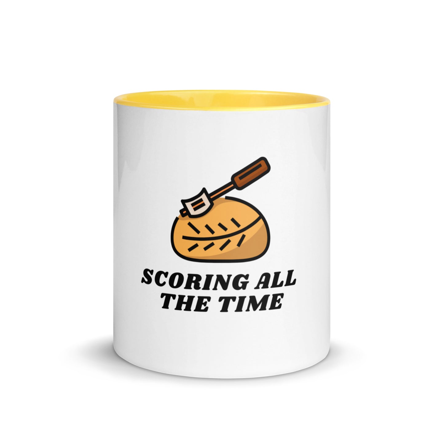 Scoring All The Time loaf and lame design on a white ceramic mug with yellow interior and handle, 11 oz, a gift for sourdough bakers
