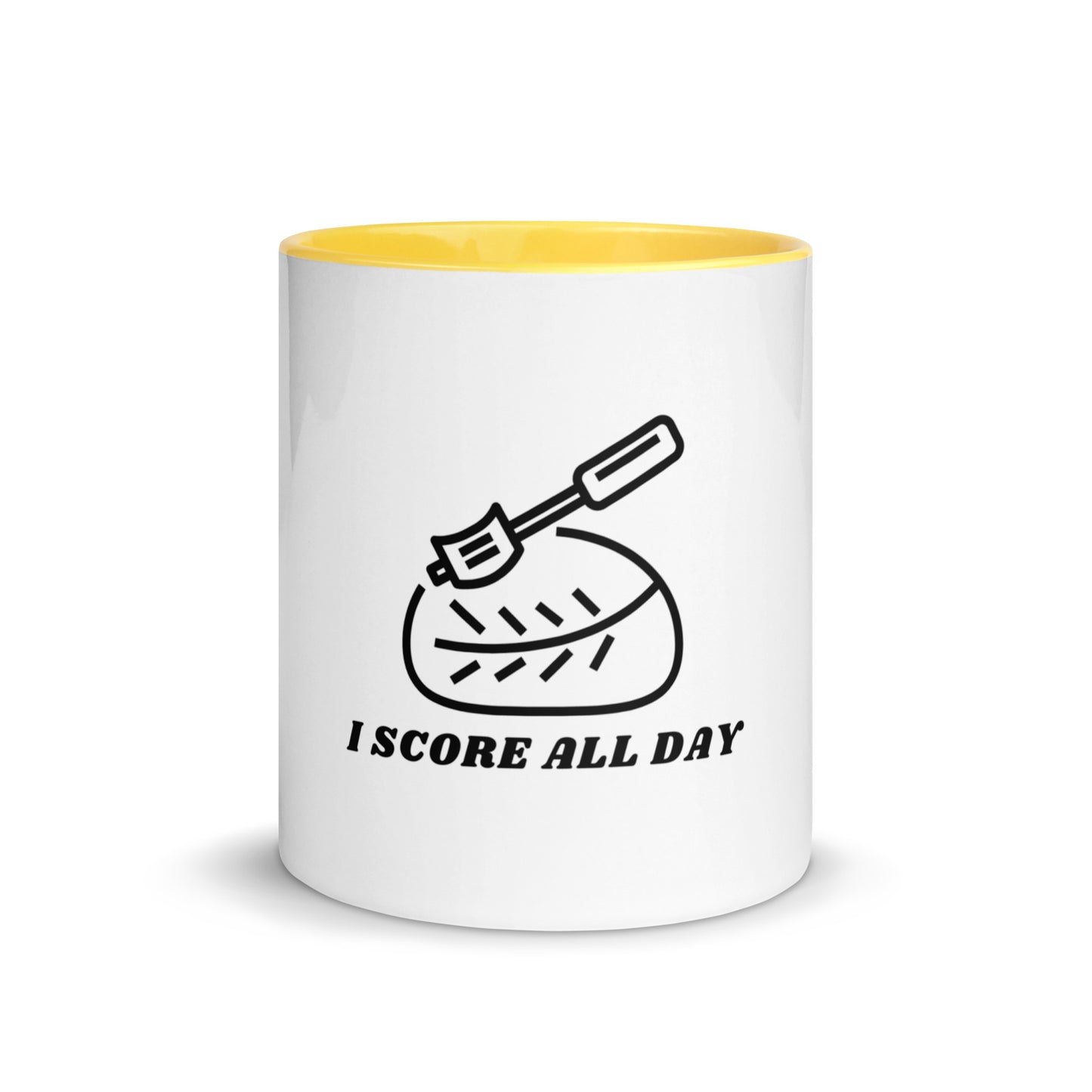 I Score All Day black and white design on a white ceramic mug with yellow interior and handle, 11 oz, a gift for sourdough bakers