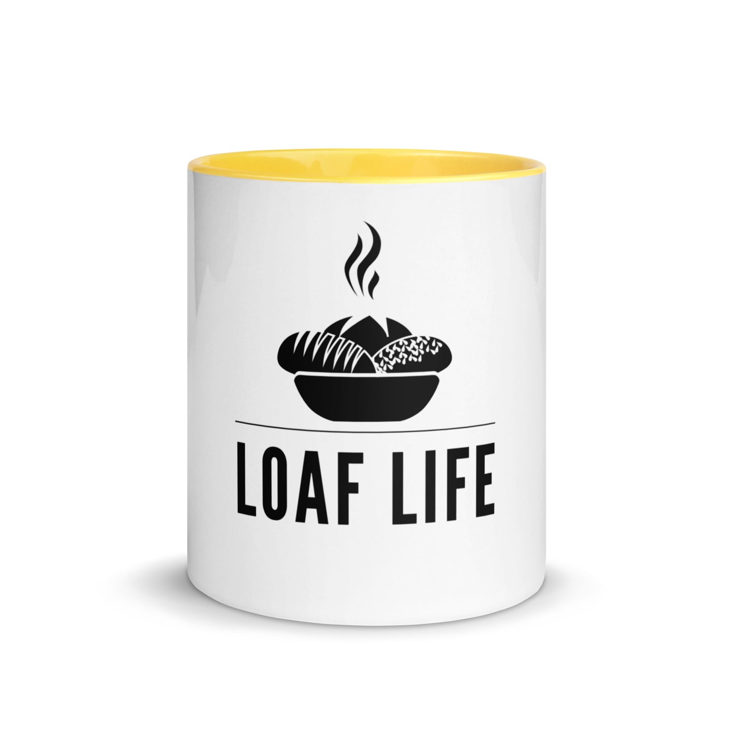 Loaf Life steaming loaf design on a white ceramic mug with yellow interior and handle, 11 oz, a gift for bread bakers