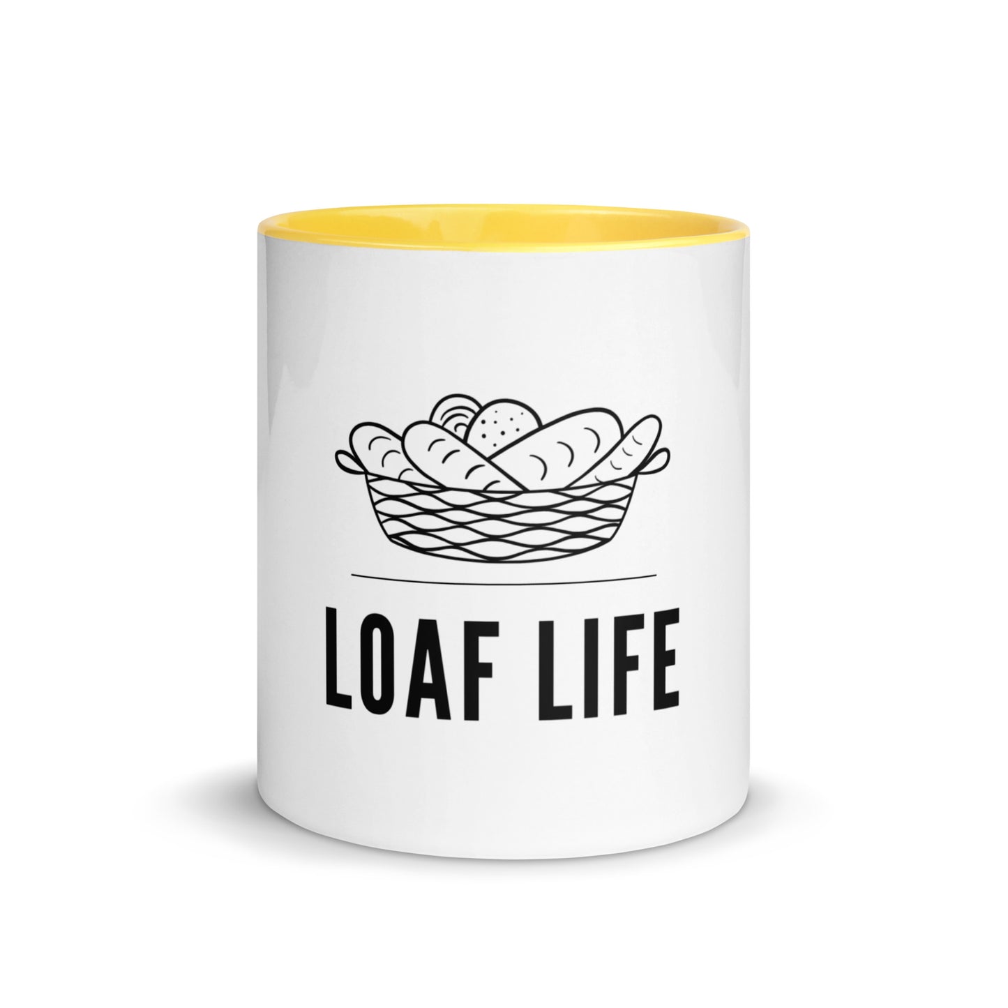 Loaf Life bread basket design on a white ceramic mug with yellow interior and handle, 11 oz, a gift for bread bakers