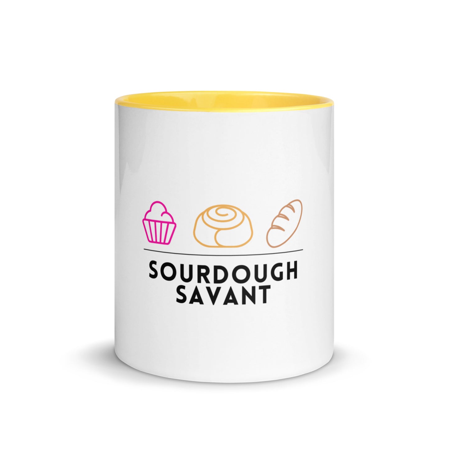 Sourdough Savant assorted loaves design on a white ceramic mug with yellow interior and handle, 11 oz, a gift for sourdough bakers