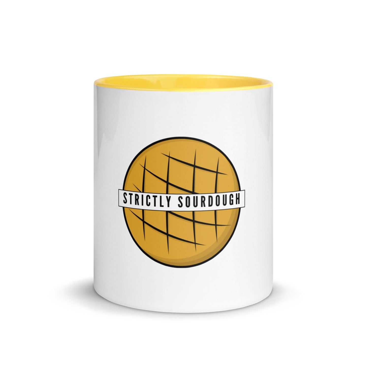 Strictly Sourdough white banner design on a white ceramic mug with yellow interior and handle, 11 oz, a gift for sourdough bakers