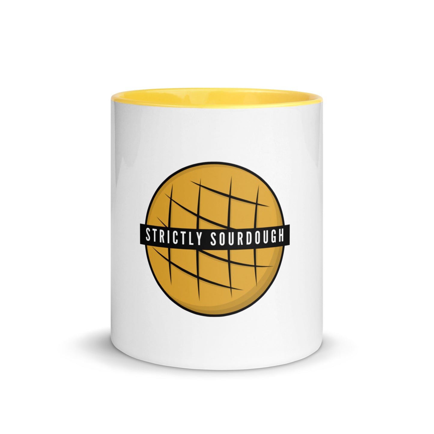Strictly Sourdough black banner design on a white ceramic mug with yellow interior and handle, 11 oz, a gift for sourdough bakers