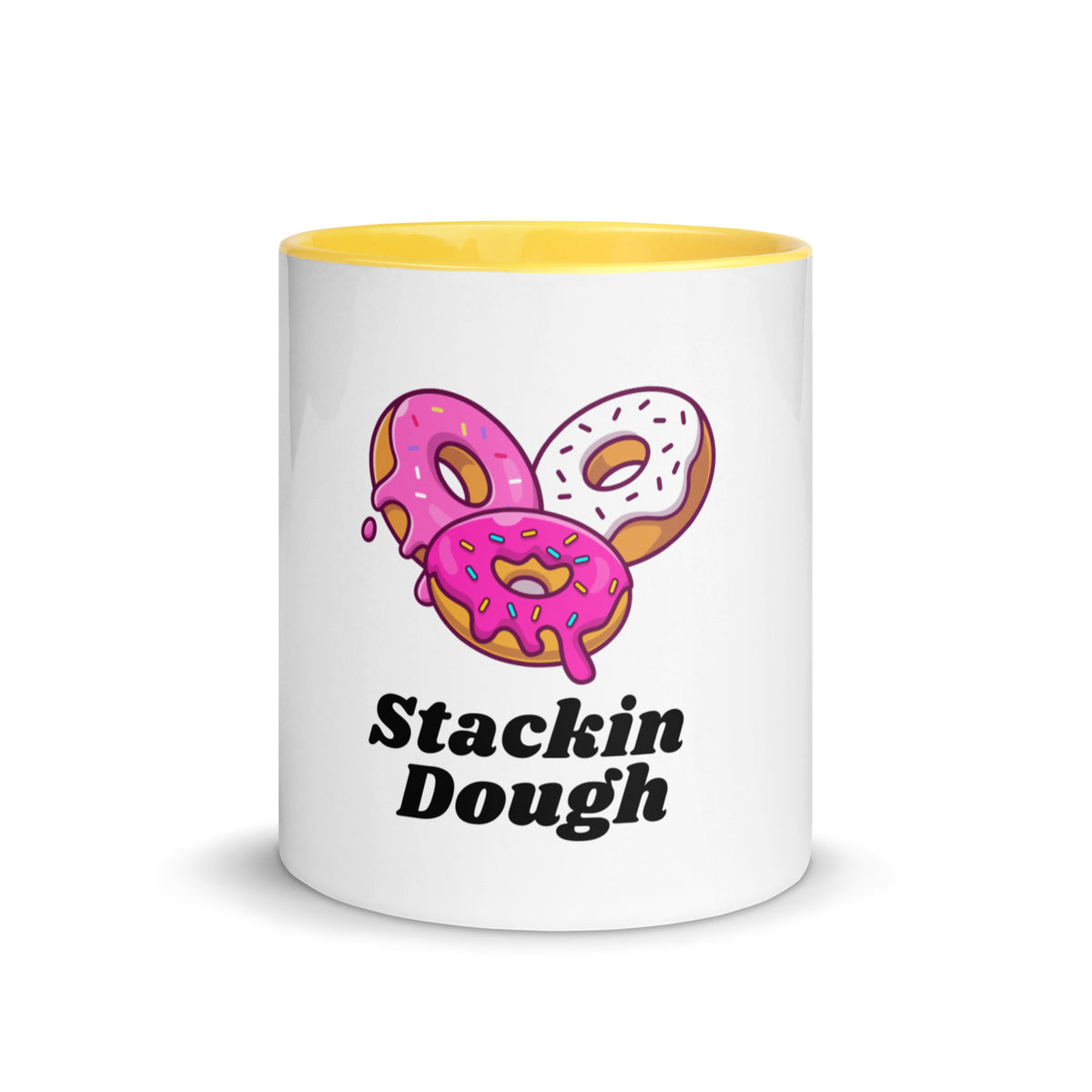 Stackin Dough donut stack design on a white ceramic mug with yellow interior and handle, 11 oz, a gift for bakers