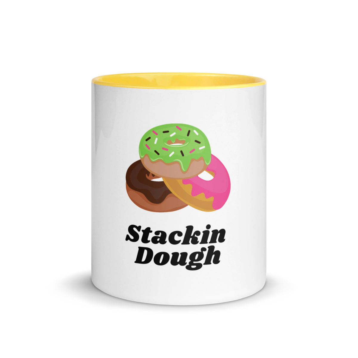 Stackin Dough soft donut design on a white ceramic mug with yellow interior and handle, 11 oz, a gift for bakers
