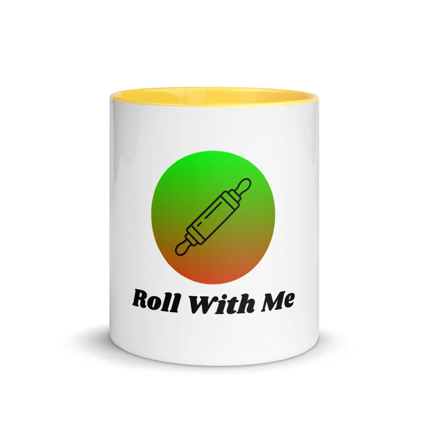 Roll with Me rolling pin design on a white ceramic mug with yellow interior and handle, 11 oz, a gift for bakers