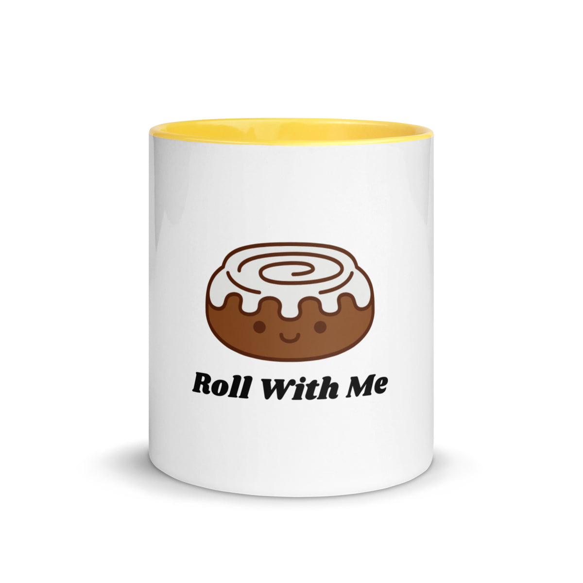 Roll with Me cinnamon roll design on a white ceramic mug with yellow interior and handle, 11 oz, a gift for bakers