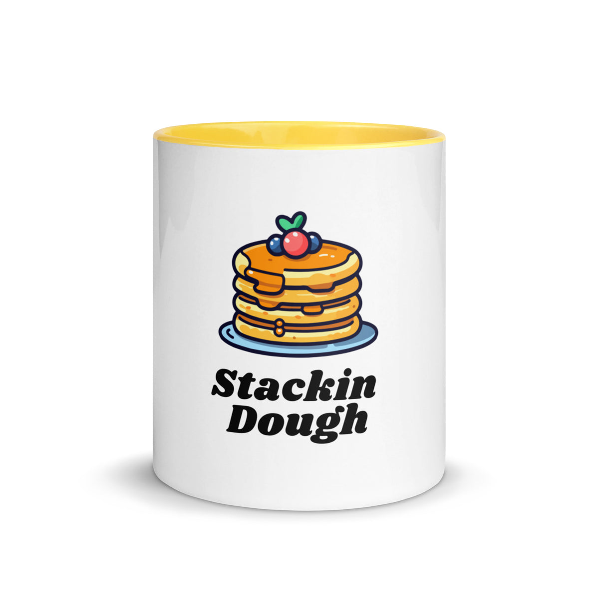 Stackin Dough pancakes design on a white ceramic mug with yellow interior and handle, 11 oz, a gift for bakers