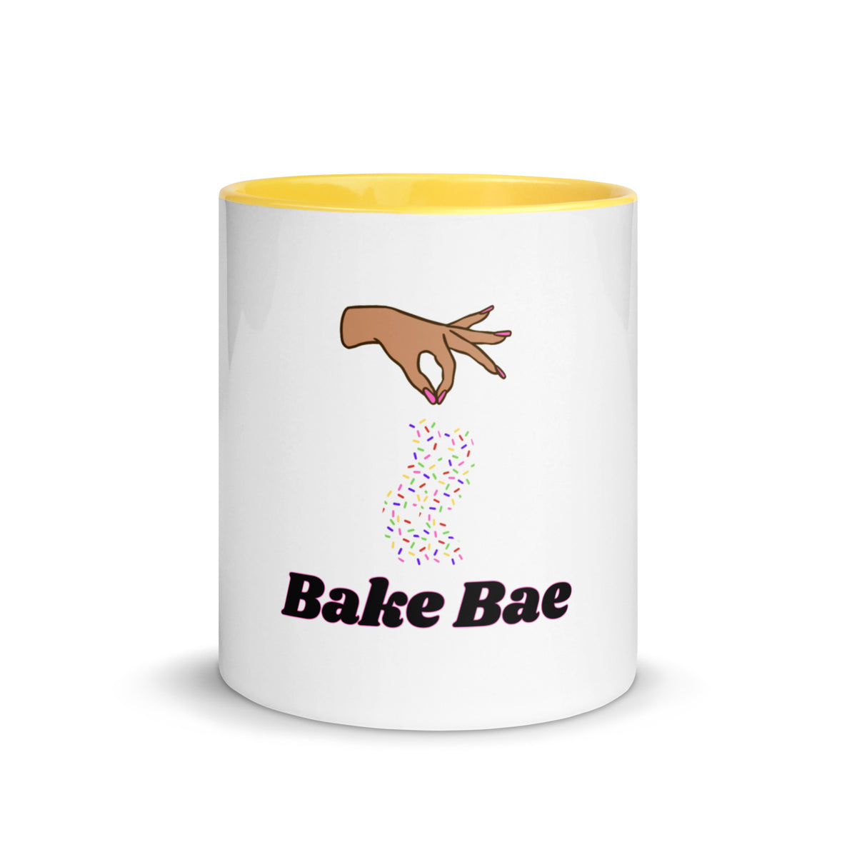Bake Bae sprinkles design with medium tone hands on a white ceramic mug with yellow interior and handle, 11 oz, a gift for bakers