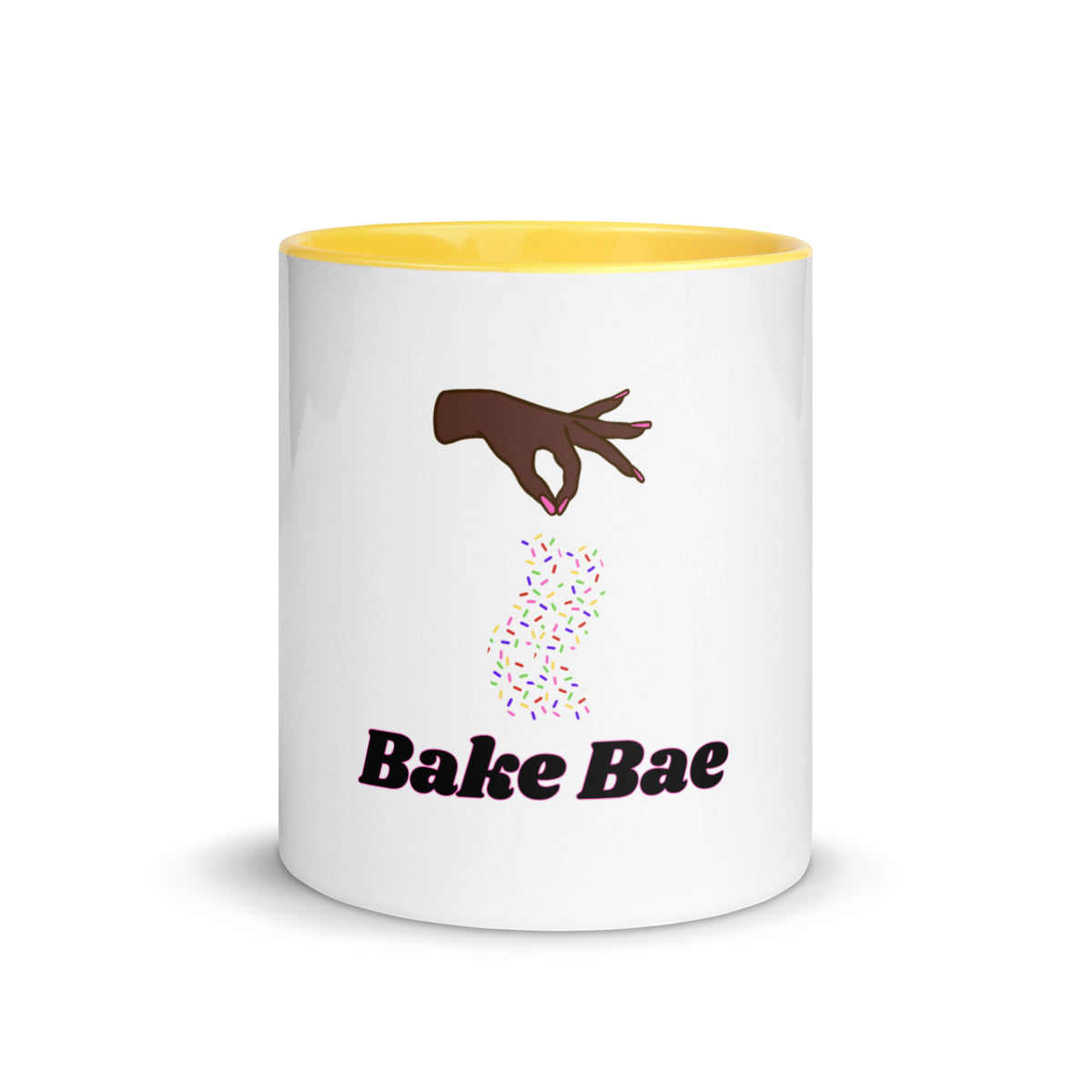 Bake Bae sprinkles design with dark tone hands on a white ceramic mug with yellow interior and handle, 11 oz, a gift for bakers