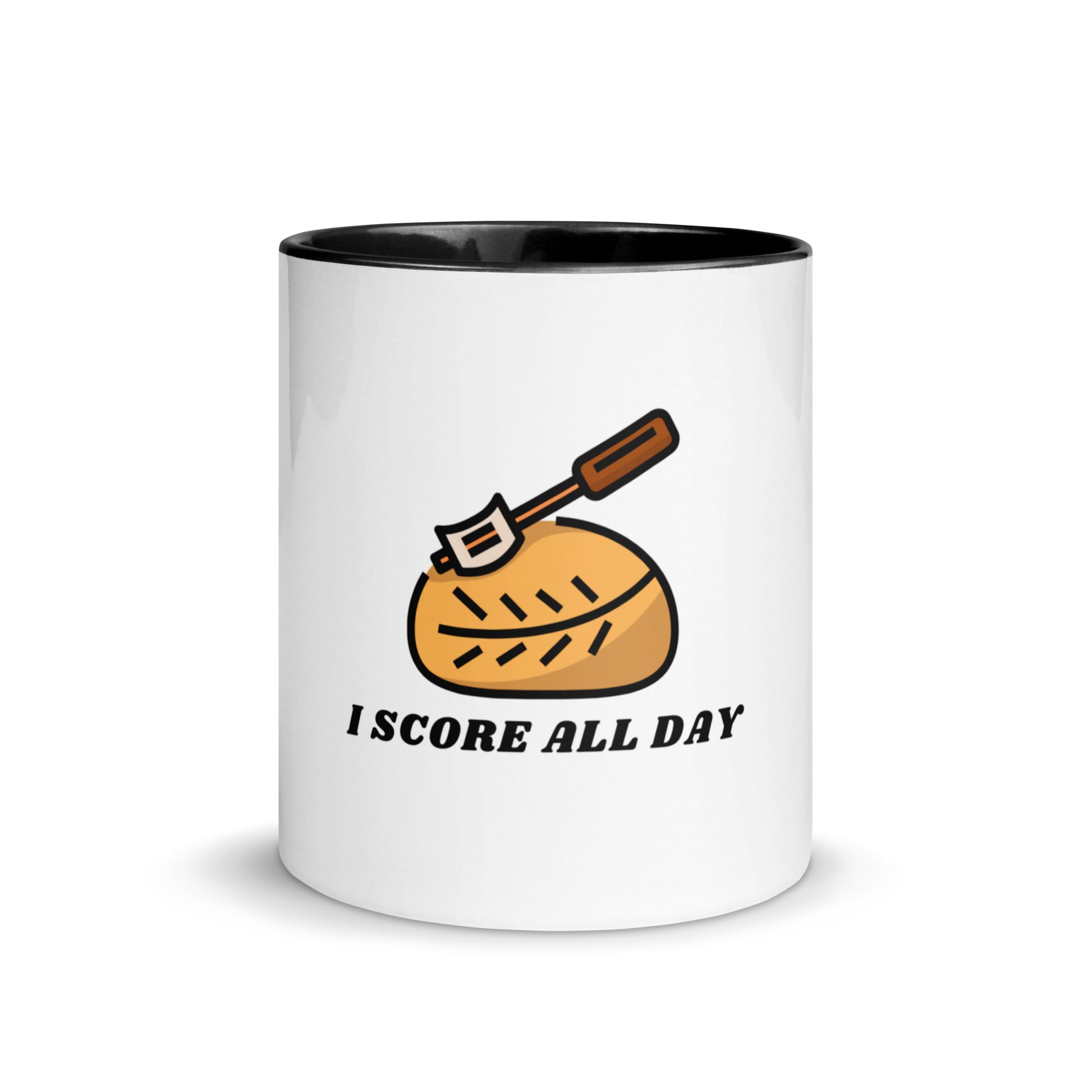 I Score All Day loaf and lame design on a white ceramic mug with black interior and handle, 11 oz, a gift for sourdough bakers