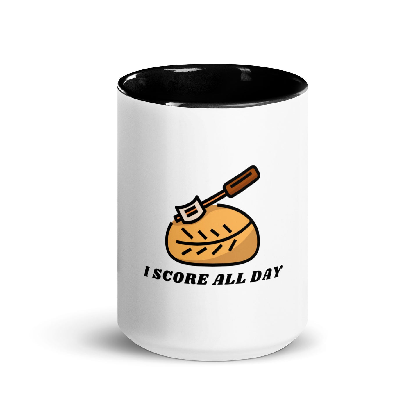 I Score All Day loaf and lame design on a white ceramic mug with black interior and handle, 15 oz, a gift for sourdough bakers