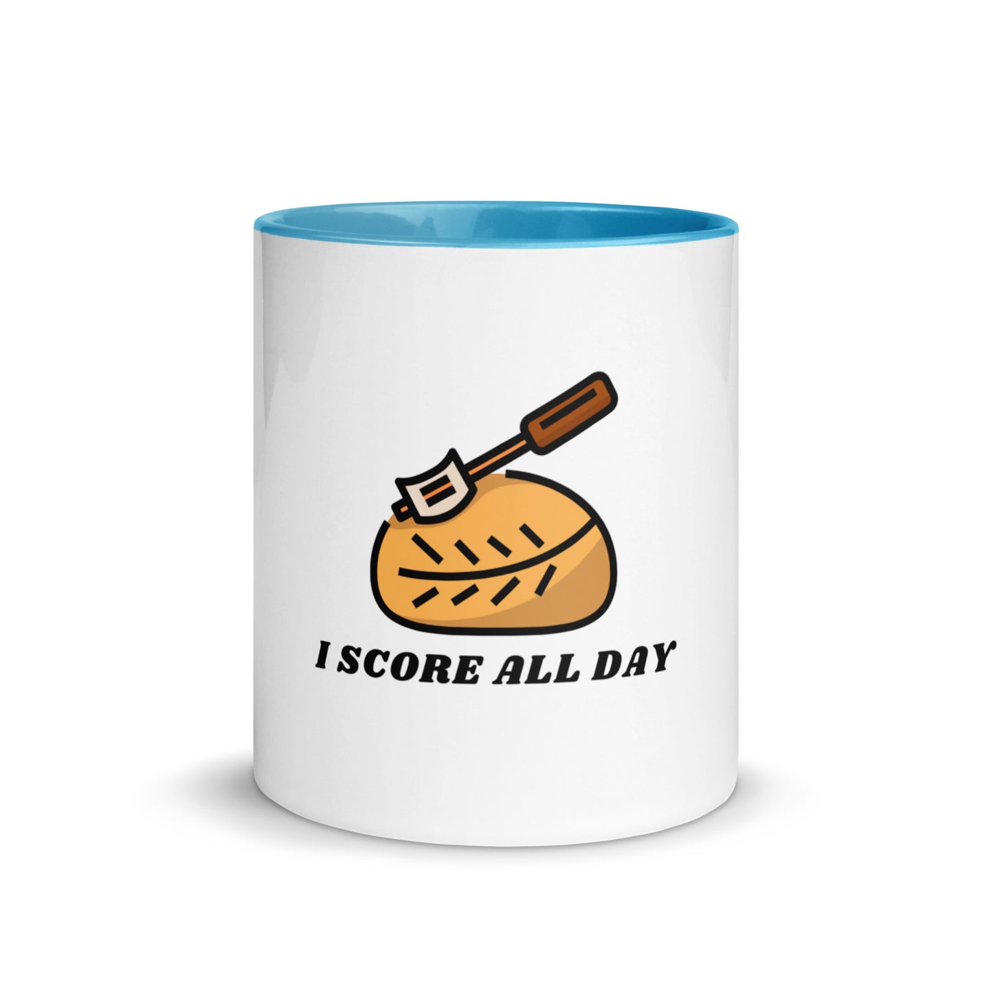 I Score All Day loaf and lame design on a white ceramic mug with blue interior and handle, 11 oz, a gift for sourdough bakers