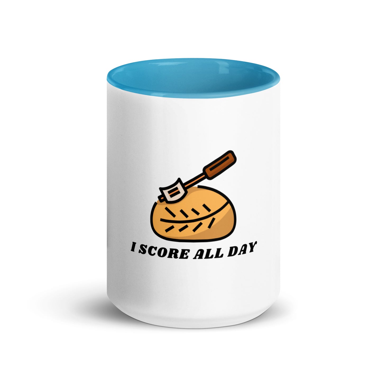 I Score All Day loaf and lame design on a white ceramic mug with blue interior and handle, 15 oz, a gift for sourdough bakers