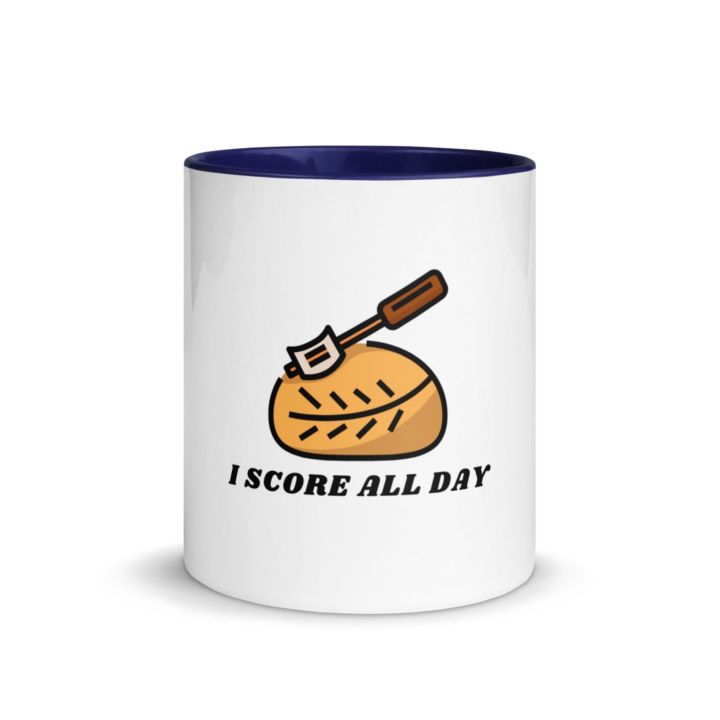 I Score All Day loaf and lame design on a white ceramic mug with dark blue interior and handle, 11 oz, a gift for sourdough bakers
