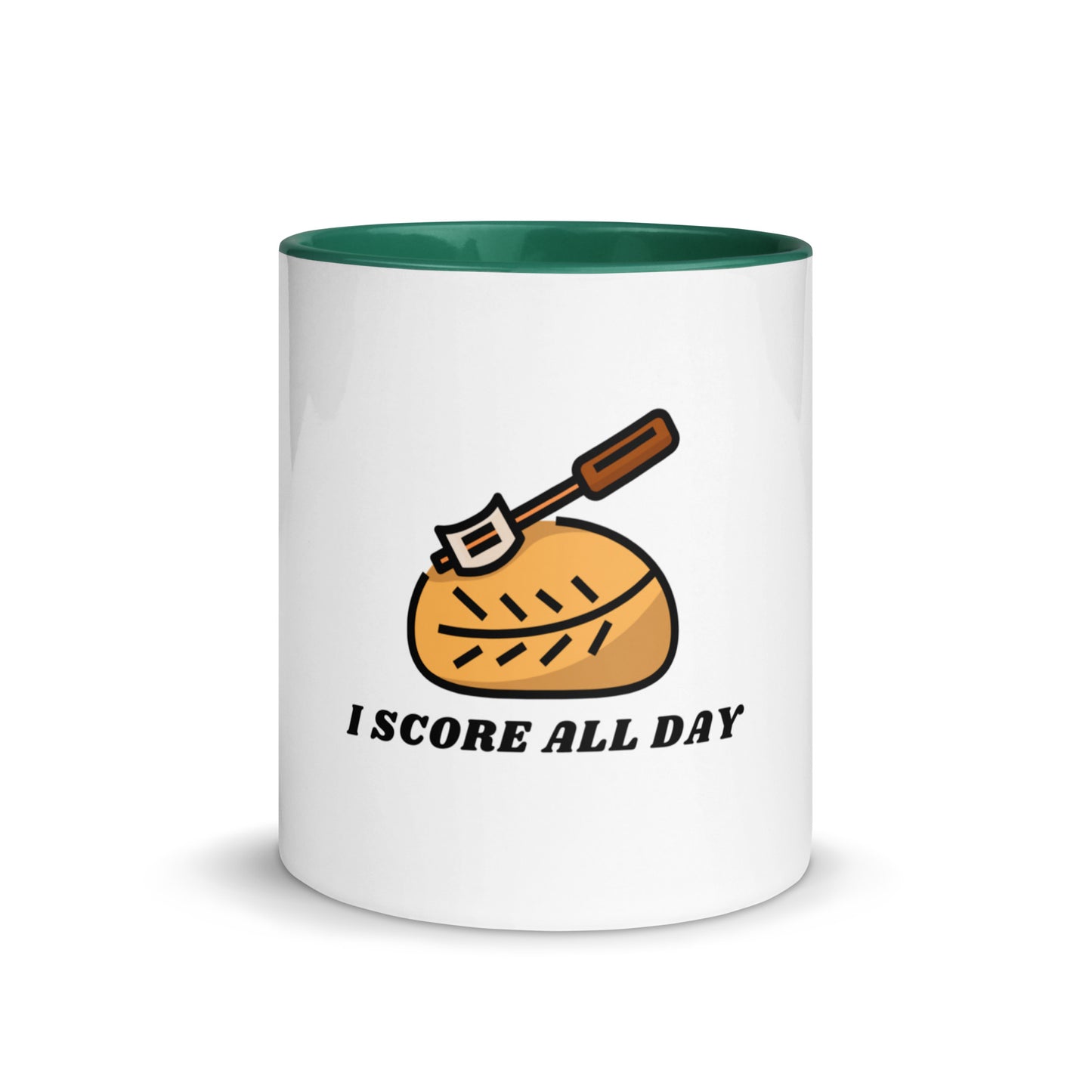 I Score All Day loaf and lame design on a white ceramic mug with dark green interior and handle, 11 oz, a gift for sourdough bakers
