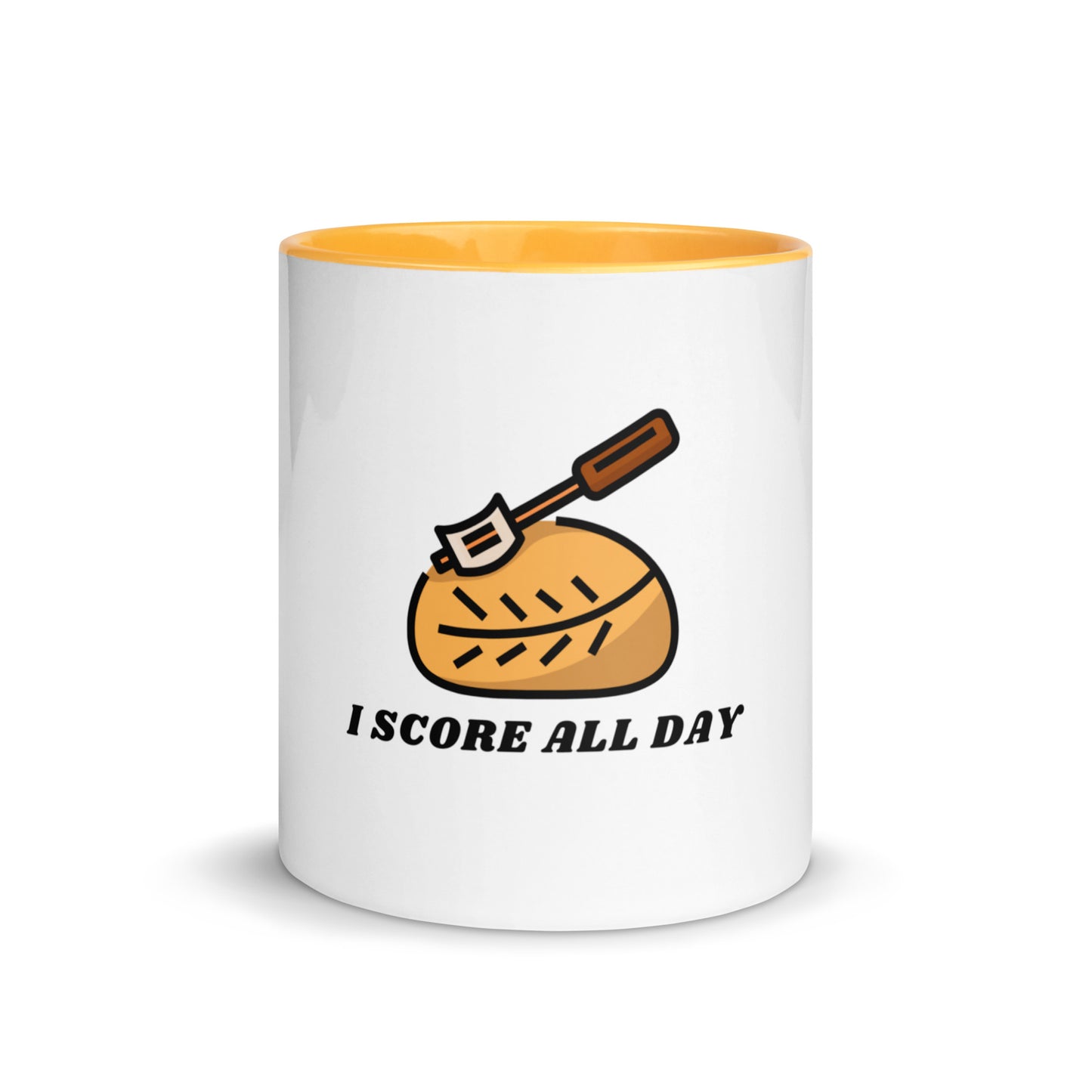 I Score All Day loaf and lame design on a white ceramic mug with golden yellow interior and handle, 11 oz, a gift for sourdough bakers