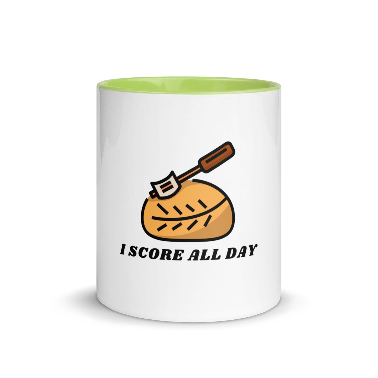 I Score All Day loaf and lame design on a white ceramic mug with green interior and handle, 11 oz, a gift for sourdough bakers