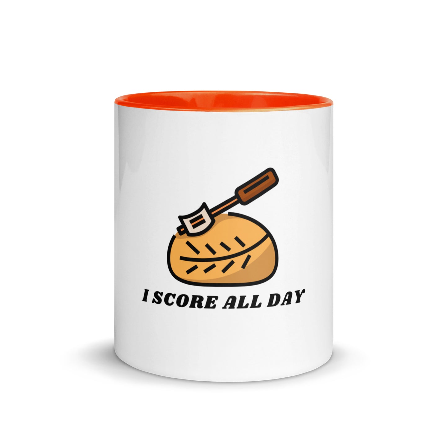 I Score All Day loaf and lame design on a white ceramic mug with orange interior and handle, 11 oz, a gift for sourdough bakers