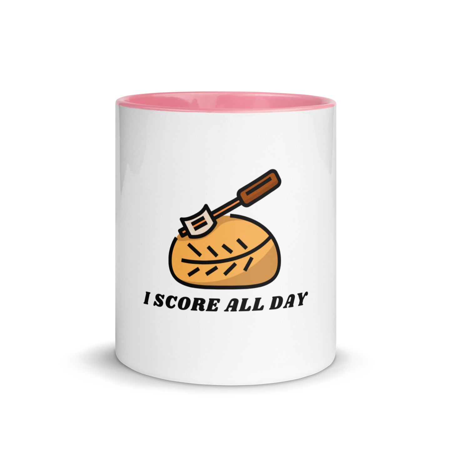 I Score All Day loaf and lame design on a white ceramic mug with pink interior and handle, 11 oz, a gift for sourdough bakers