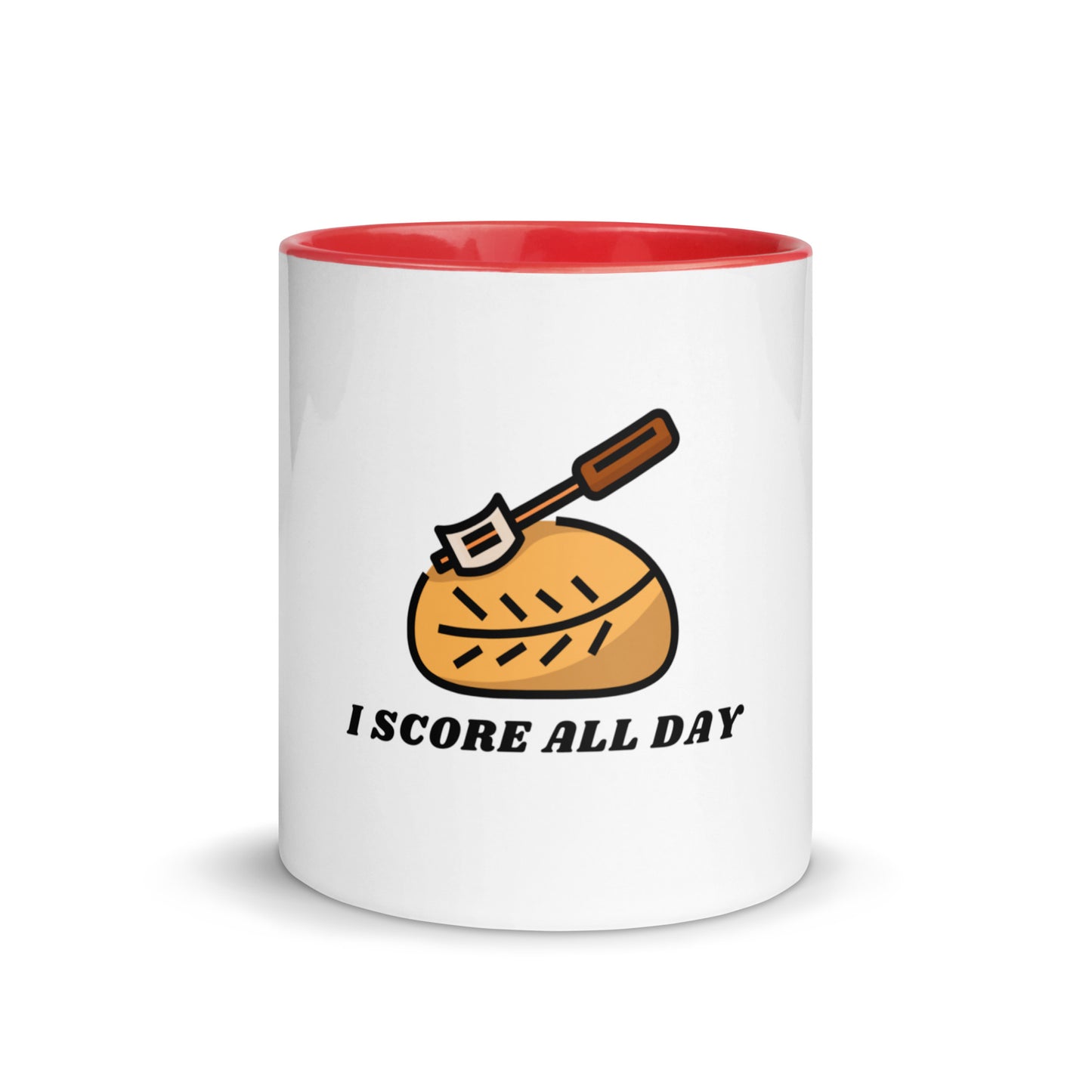 I Score All Day loaf and lame design on a white ceramic mug with red interior and handle, 11 oz, a gift for sourdough bakers