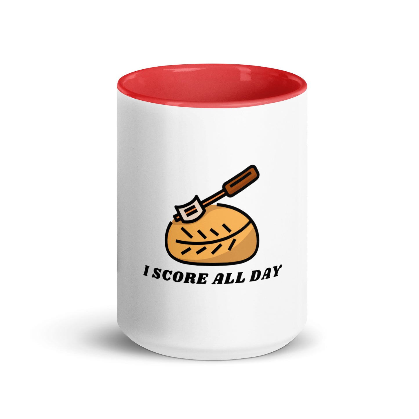 I Score All Day loaf and lame design on a white ceramic mug with red interior and handle, 15 oz, a gift for sourdough bakers