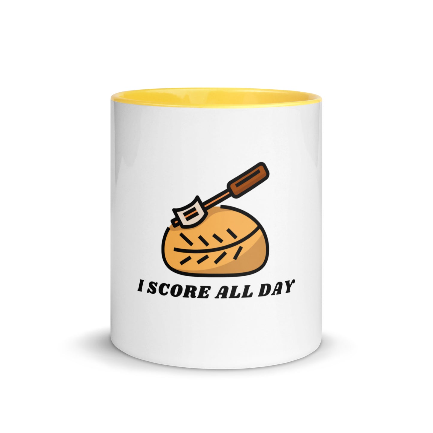I Score All Day loaf and lame design on a white ceramic mug with yellow interior and handle, 11 oz, a gift for sourdough bakers